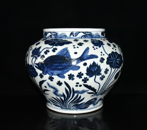 Antico vaso alghe pesce - , loto